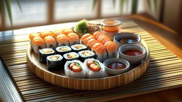 Sushi Platter 3D Illustration with Diverse Rolls and Dipping Sauces on Bamboo Mat - Copy Space for Menu Design photo