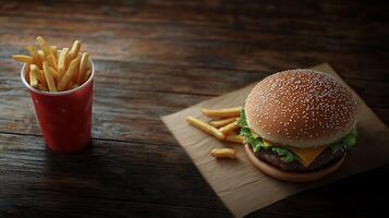 Juicy Burger Meal with Fries and Drink on Dark Wooden Table, Copy Space Available for Text Overlay in 3D Render photo
