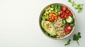 Nutritious Quinoa Bowl with Fresh Vegetables and Avocado on Neutral Background for Copy Space - 3D Render photo