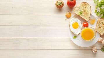 Fresh Breakfast Spread in 3D with Eggs, Toast, and Juice on Light Wooden Table with Copy Space. photo