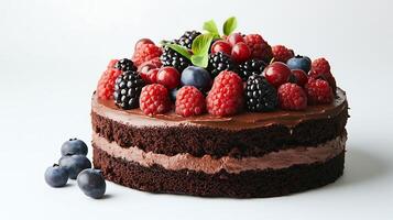 Indulgent Chocolate Cake with Fresh Berries - 3D Render on White Background for Text Space photo