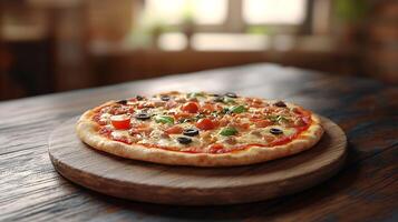 Savory Pizza Delight on Rustic Wooden Board with Copy Space for Branding - 3D Visualization photo