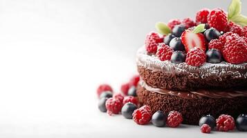 Decadent Chocolate Cake with Fresh Berries on White Background for Text Space - 3D Render photo