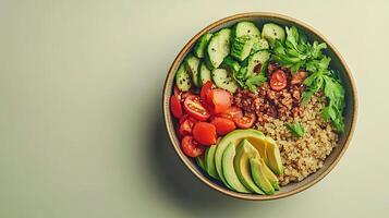 Nutritious Quinoa Bowl with Fresh Vegetables and Avocado on Neutral Background for Copy Space - 3D Render Food Concept photo