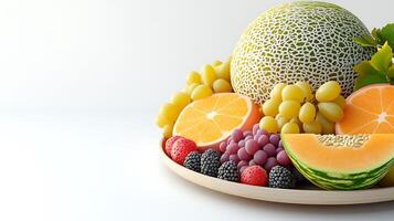 Vibrant 3D Illustration of a Colorful Fruit Platter on White Background with Copy Space for Text photo