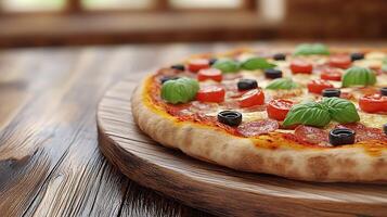 Freshly Baked Pizza with Assorted Toppings on Rustic Wooden Board for Copy Space or Logo Placement photo