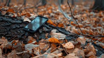 Tranquility in Nature - Mockup of Smartphone on Tree Log Surrounded by Fallen Leaves in Woodland Setting photo