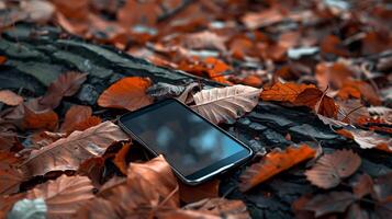 Tranquility in Nature - Blank Screen Smartphone Mockup on Tree Log in Autumn Woodland Setting photo