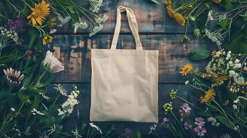 Serene Natural Scene with Blank Canvas Tote Bag on Rustic Wood Table Surrounded by Wildflowers photo