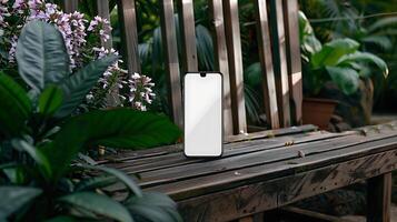Modern Smartphone Mockup on Wooden Bench in Lush Botanical Garden Setting photo