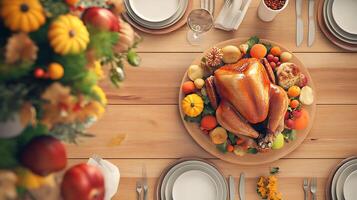 Festive Thanksgiving Dinner Table Setting with Turkey, Sides, and Copy Space for Text in 3D Rendering photo