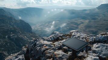 Tranquil Mountain View Digital Tablet Mockup on Rocky Ledge Serene Nature Background for Showcase or Presentation photo