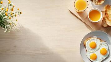Fresh Morning Start - 3D Breakfast Spread with Eggs, Toast, and Juice on Light Wooden Table with Copy Space photo