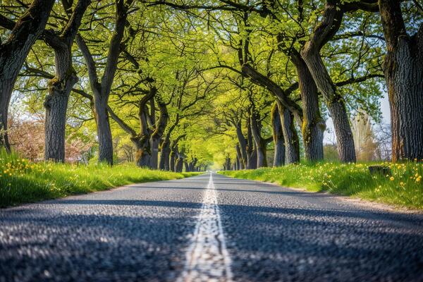 Endless road of travel on rural highways There are natural trees on both sides of the road.