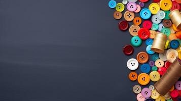 Set of sewing threads and clothing buttons on color background. Neural network photo