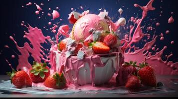 Splash and drops yogurt, milk, ice cream from falling ripe red strawberries. image photo