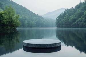 Surreal circular platform floating on misty forest lake photo