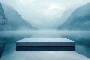 Minimalist platform over misty lake with mountain view photo