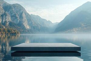 Serene lake view with floating platform and misty mountains photo