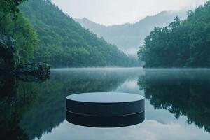 Serene lake with mysterious floating platform at dawn photo