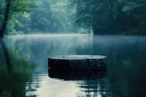 Mysterious floating tire in misty forest lake photo