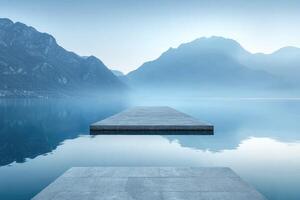 Serene mountain lake with floating platform at dawn photo
