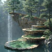 Serene Waterfall in Enchanting Forest with Lush Moss, photo
