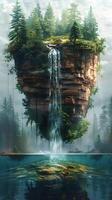 Serene Waterfall in Enchanting Forest with Lush Moss, photo