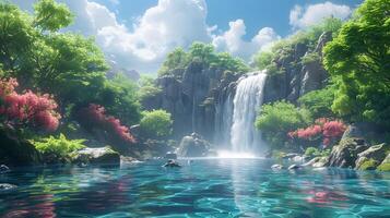 Serene Waterfall in Enchanting Forest with Lush Moss, photo