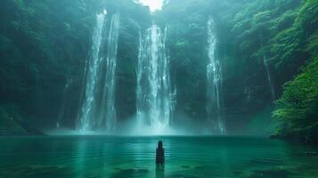 Serene Waterfall in Enchanting Forest with Lush Moss, photo