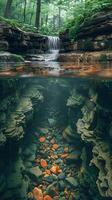 Serene Waterfall in Enchanting Forest with Lush Moss, photo