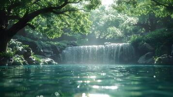 Serene Waterfall in Enchanting Forest with Lush Moss, photo