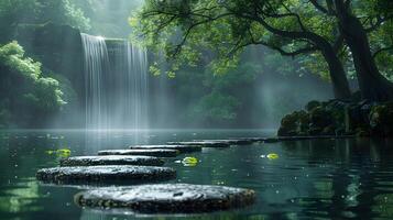 Serene Waterfall in Enchanting Forest with Lush Moss, photo