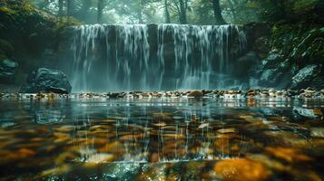 Serene Waterfall in Enchanting Forest with Lush Moss, photo
