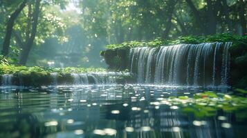 Serene Waterfall in Enchanting Forest with Lush Moss, photo