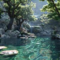 Serene Waterfall in Enchanting Forest with Lush Moss, photo