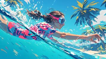 swimming in the pool, woman with long wavy red hair wearing a pink and blue pastel neon suit floating underwater, which in Generate AI photo