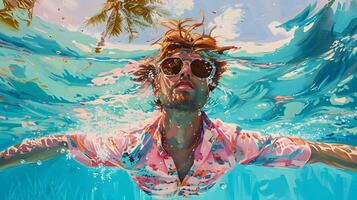 swimming in the pool, man with long wavy red hair wearing a pink and blue pastel neon suit floating underwater, which in Generate AI photo