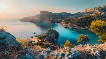 Beautiful beach views in Greece, Clean and beautiful, in the afternoon, which in Generate AI photo
