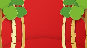 Golden tree on red background. Paper cut style. vector