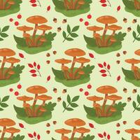 Seamless autumn pattern with mushrooms, berries and autumn foliage. background with mushrooms, leaves, berries for autumn, autumn design. Flat illustration vector