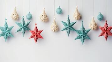 Set of christmas toys in row with new year light background. Neural network photo