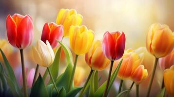 Group of many fresh colorful tulips close up. Neural network photo