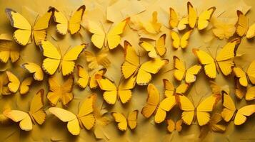 Many cut paper butterflies in yellow color on wall. Neural network photo