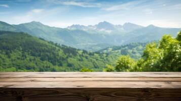 Empty wood table top with blur background of mountain and green nature. Neural network photo