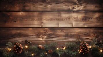 Old wood background with fir branches. Space for a greeting message. Neural network photo