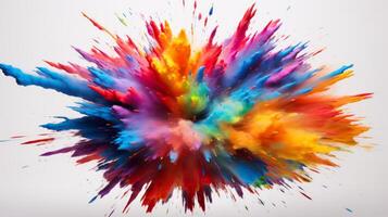 Explosion of colored powder on bright white background close up. Neural network photo