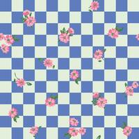 Hand drawn flower and leaf on grid retro checkerboard seamless pattern background vector