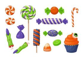 Halloween sweets set. Candies and lollipops, witch fingers and a cupcake with an eye. The concept is used for stickers, banners and cards. vector