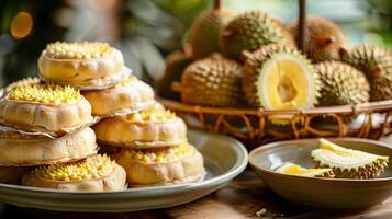 Durian cake, pastries, everyday snacks, arepa food. Bokeh in the background. photo